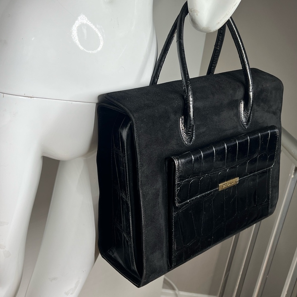 Escada Black Croc Embossed Leather Suede Pocket Structured Satchel Tote Bag